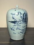 Antique Blue and White Ginger Jar. Celadon Ground, Rich Cobalt Brushwork. e20th Century.