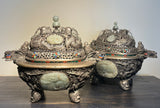 A Fine Pair of Sino-Mongolian Silvered Copper Censors with Inlaid Stones 20th C.