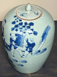 Antique Blue and White Ginger Jar. Celadon Ground, Rich Cobalt Brushwork. e20th Century.
