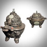 A Fine Pair of Sino-Mongolian Silvered Copper Censors with Inlaid Stones 20th C.