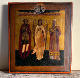 Antique Russian Icon. Saint Menas, Saint Nikolai and Saint John. Gilt and Egg Tempera Early 19th  Century.