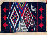 Extraordinary Navajo Weaving.  Vintage Eye Dazzler with Kokopelli. Vibrant Color , Exceptional Quality. 23” x 15.5”.