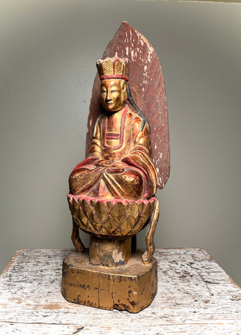 TAOIST GOD. Carved Wood. Red Lacquer and Gilding. Late Qing Dynasty. 19th Century. China.