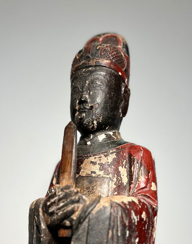 TAOIST Diety. Carved Wood. Red and Black Lacquer. China. Qing Dynasty. Mid. 19th Century.  17” tall.