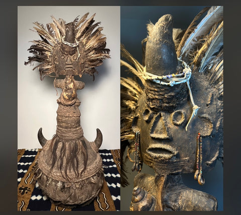 Nkisi Nkondi. Healing / Power Figure Kongo People, Bantu. DR Congo. 40” tall. Shell, Horns, Feathers, Hair, Rope, on Gourd Form