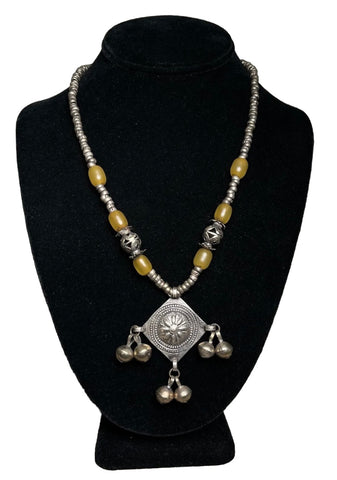 Antique Silver Necklace. Silver Pendant with Baltic Amber Beads.Tajik. 19th C.