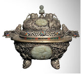 A Fine Sino-Mongolian Silvered Copper Censor with Inlaid Stones 20th C.