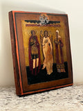 Antique Russian Icon. Saint Menas, Saint Nikolai and Saint John. Gilt and Egg Tempera Early 19th  Century.