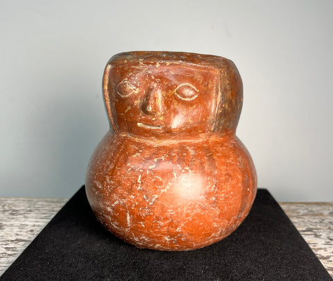 Pre-Columbian Effigy Pot. Ecuador. 10th century . Burnished Red w. Geometric Design.