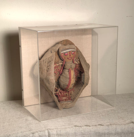 Vintage Chancay Doll Maternity Scene, Peru.  Maternity Scene.   Three women assisting Mother during childbirth.    Custom display case beautifully presents and preserves this ancient fabric and enchanting scene.