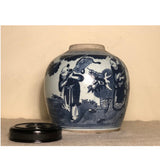 Vintage Blue and White Ginger Jar 8.5” tall x 7” diameter. early 20th century china  Landscape with figures and dragon. Beautiful cobalt brushwork. Strongly potted form. Rosewood Lid.