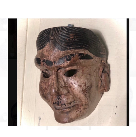 Guatemalan Dance Mask  Late 19- early 20th century.  8” tall x 6” x 6”   The Ancient Maya used masks in a variety of ways. Lords would often impersonate gods or supernatural beings by wearing a mask and costume.   The story of the conquest of the K’iche’ Maya is told in the Dance of the Conquest.