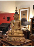 A rare and unusual Burmese antique dry lacquer Buddha statue.  Life Size. sourced from Shan States, Burma circa 1940s or older. This Buddha sits in hand to earth mudra on top of a lotus pedestal adorned with Elephants. Very light for its size but delicate so requires careful shipping.  Condition: Excellent  Measures: 34 x 24 x 60" tall.