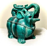 Antique Elephant Candlestick. Hunan, China. Green Glaze.