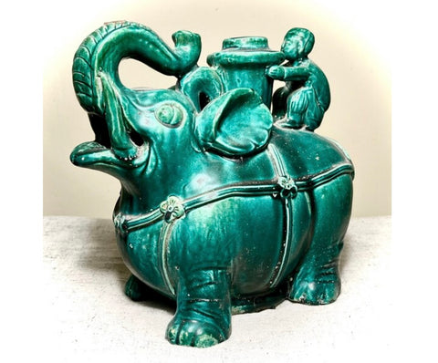 Antique Elephant Candlestick. Hunan, China. Green Glaze.