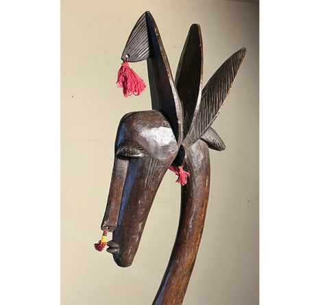 Strange Imports African Art Dynamic Chiwara Headdress.  Bamana Culture.  Mali.  Each village has a communal plot which is tended by the young men. The fastest and most skilled farmer is entitled to dance the “Chi-Sara”(King of Farming) Headdress.