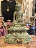 18th century bronze Buddha statue with acolytes on each side from Shan Province, Burma. This is a marvelous collector's item in excellent condition, great detail on the acolytes and base.