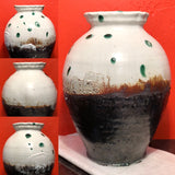 this water jar is extra special. fired multiple times. High fire stoneware; white satin glaze. Green glaze and blackwork fired at cone one. Nice form, strong throwing. Brilliant color & nice composition. 
Steven Colby potter