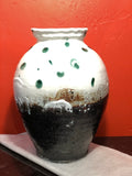 this water jar is extra special. fired multiple times. High fire stoneware; white satin glaze. Green glaze and blackwork fired at cone one. Nice form, strong throwing. Brilliant color & nice composition. 
Steven Colby potter